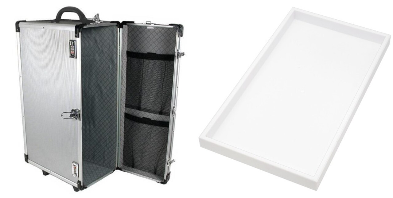 Large Aluminum Rolling Jewelry Carrying Case w/ 24 White Plastic Tray Inserts